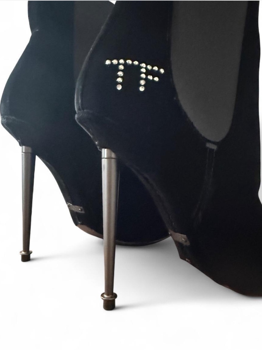 Tom Ford Black Velvet Stiletto Ankle Boot with Crystal TF Logo
